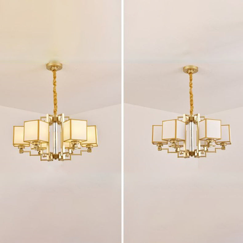 Brass Square Suspension Light Traditional Fabric Lobby Chandelier Light Fixture