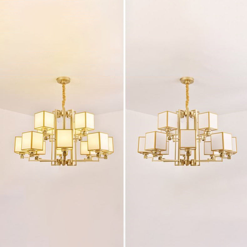 Brass Square Suspension Light Traditional Fabric Lobby Chandelier Light Fixture