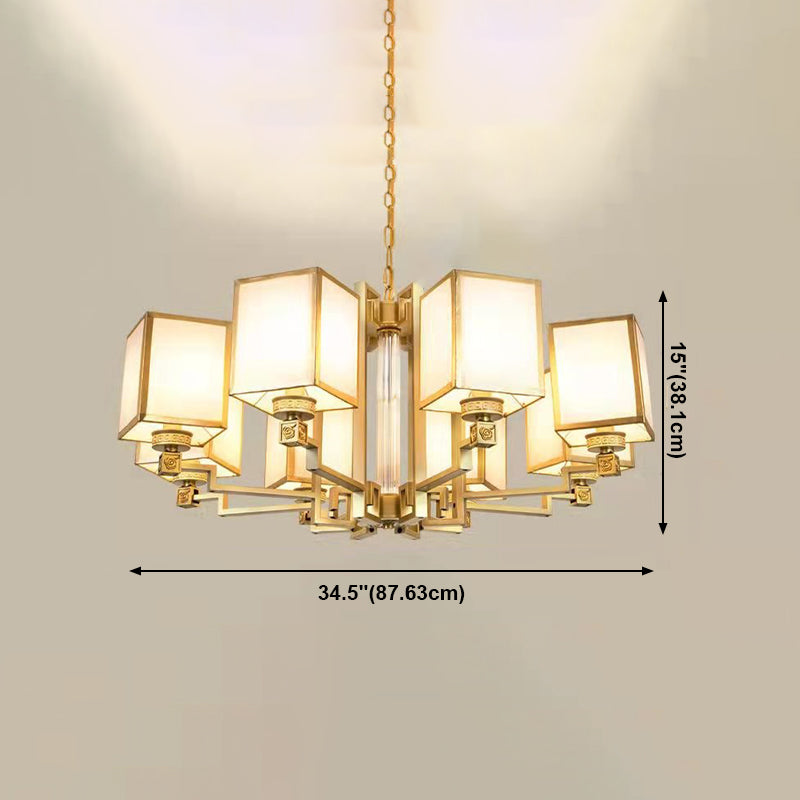 Brass Square Suspension Light Traditional Fabric Lobby Chandelier Light Fixture