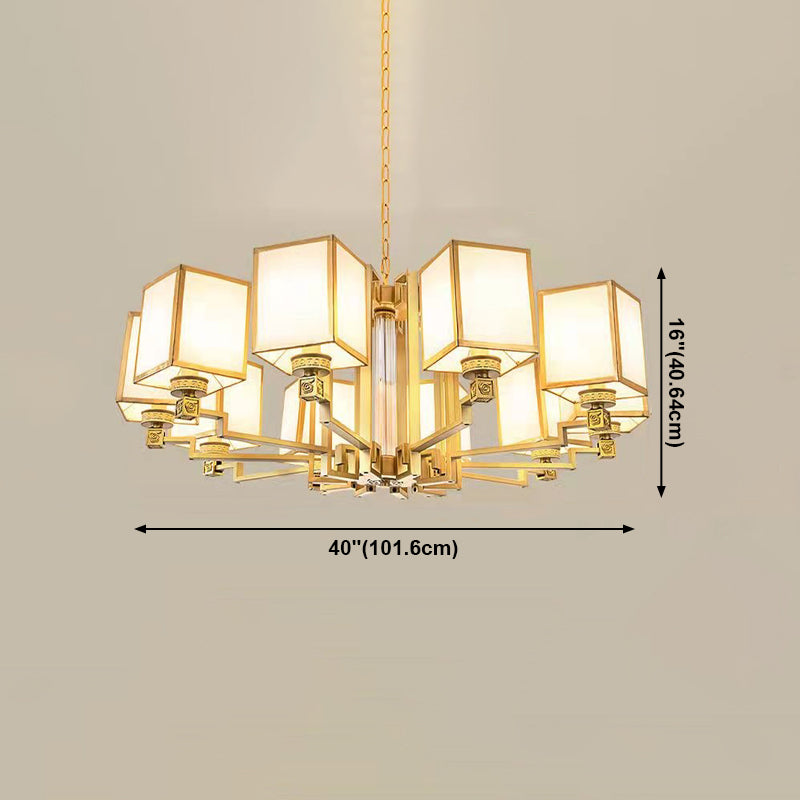 Brass Square Suspension Light Traditional Fabric Lobby Chandelier Light Fixture