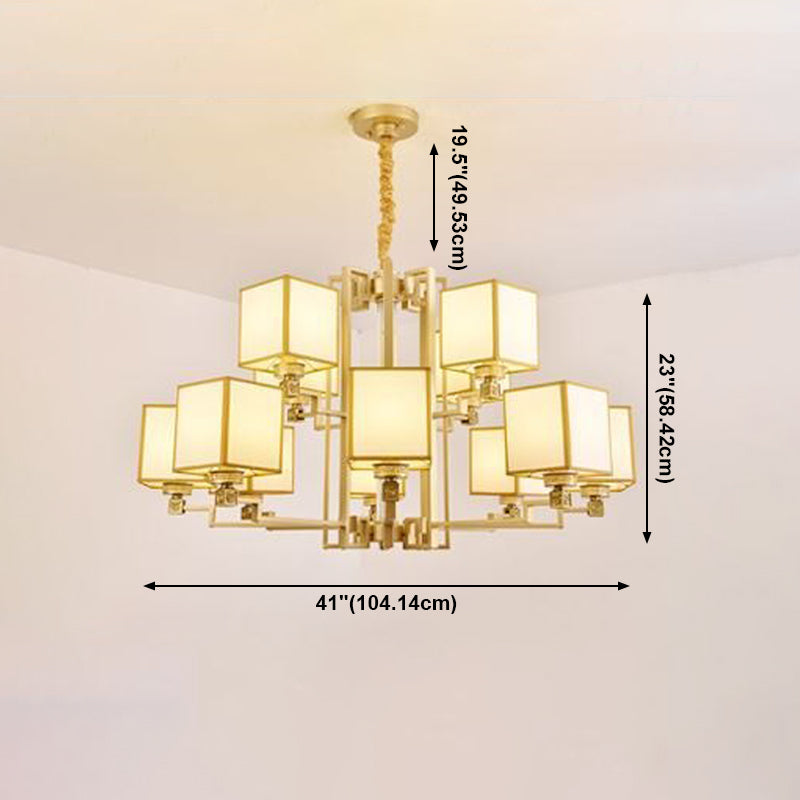 Brass Square Suspension Light Traditional Fabric Lobby Chandelier Light Fixture