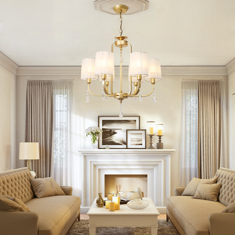 Brass 6 Heads Chandelier Lighting Country Style Fabric Cylinder Pendant Light for Living Room
