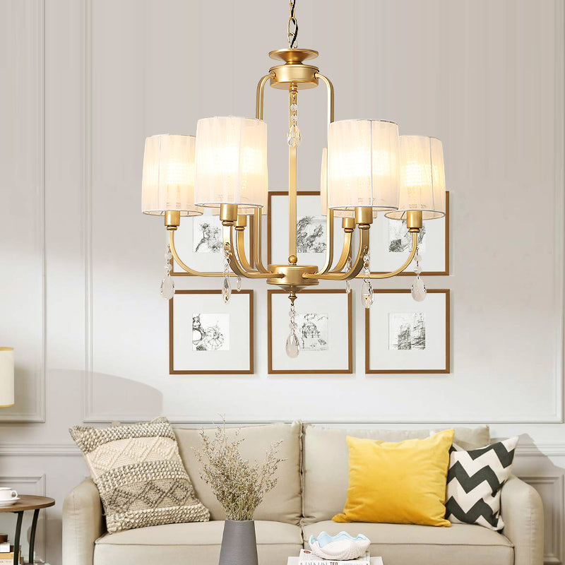 Brass 6 Heads Chandelier Lighting Country Style Fabric Cylinder Pendant Light for Living Room