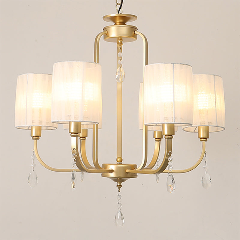 Brass 6 Heads Chandelier Lighting Country Style Fabric Cylinder Pendant Light for Living Room
