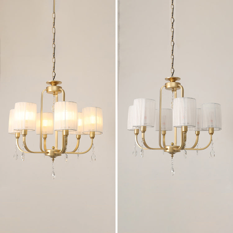 Brass 6 Heads Chandelier Lighting Country Style Fabric Cylinder Pendant Light for Living Room