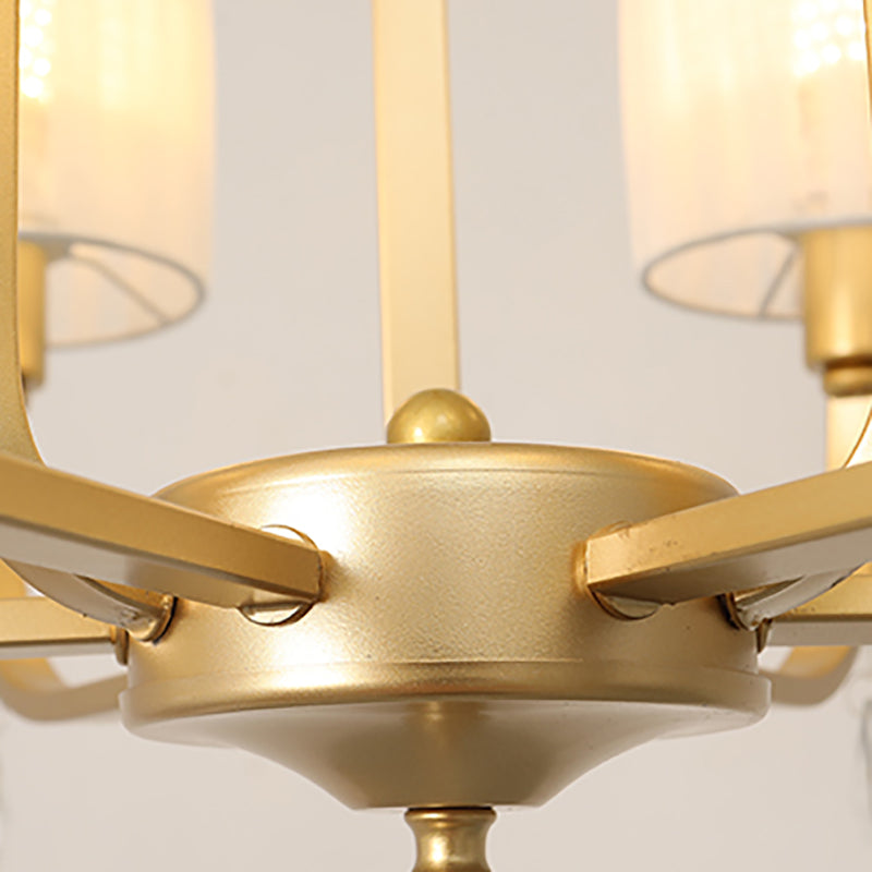 Brass 6 Heads Chandelier Lighting Country Style Fabric Cylinder Pendant Light for Living Room