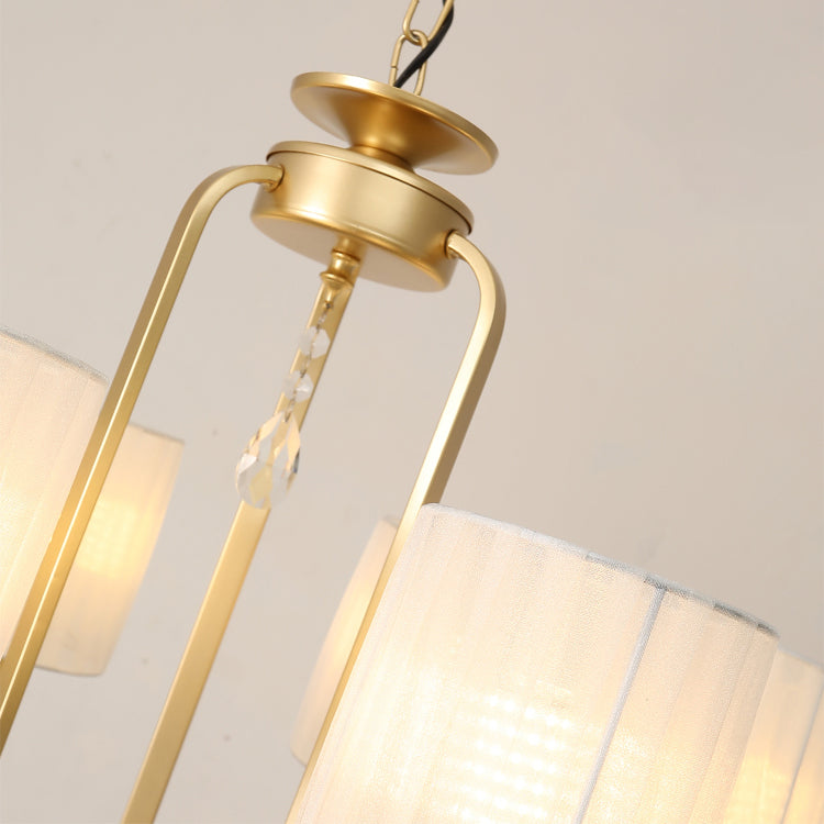 Brass 6 Heads Chandelier Lighting Country Style Fabric Cylinder Pendant Light for Living Room