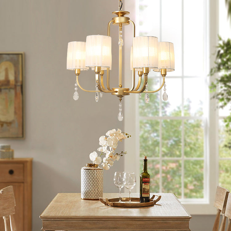 Brass 6 Heads Chandelier Lighting Country Style Fabric Cylinder Pendant Light for Living Room