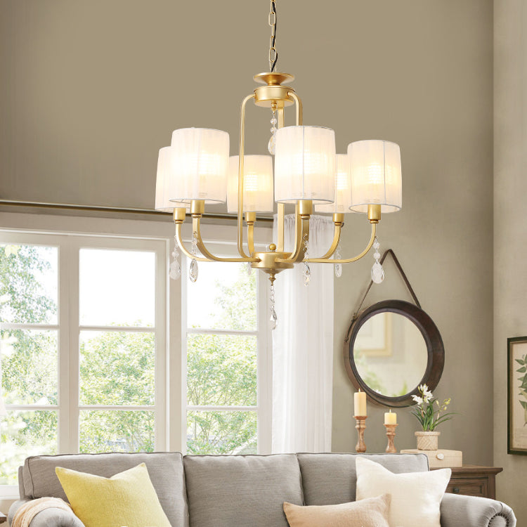 Brass 6 Heads Chandelier Lighting Country Style Fabric Cylinder Pendant Light for Living Room