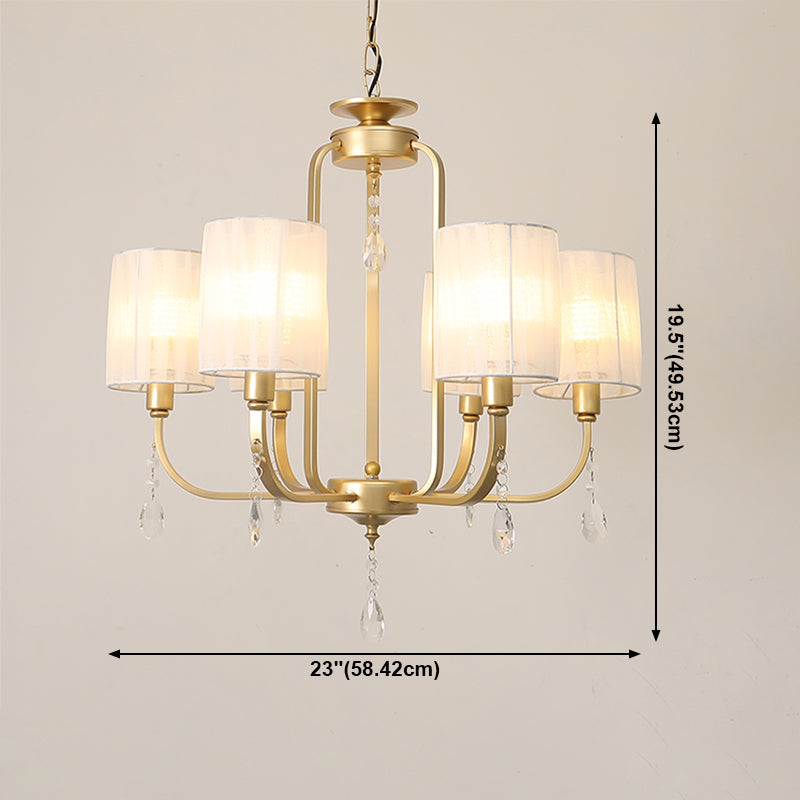 Brass 6 Heads Chandelier Lighting Country Style Fabric Cylinder Pendant Light for Living Room