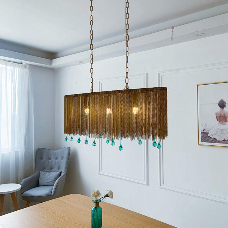 Aluminum Tassel Chandelier Postmodern Brass Finish Hanging Lamp with Blue Crystal Drops