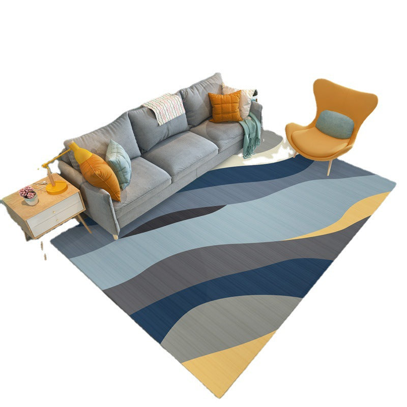 Blue Living Room Carpet Geometric Pattern Polyester Area Rug Non-Slip Backing Rug