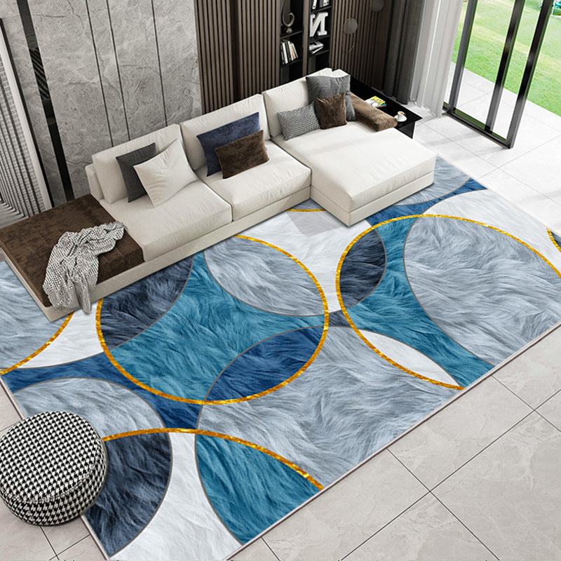 Blue Living Room Carpet Geometric Pattern Polyester Area Rug Non-Slip Backing Rug