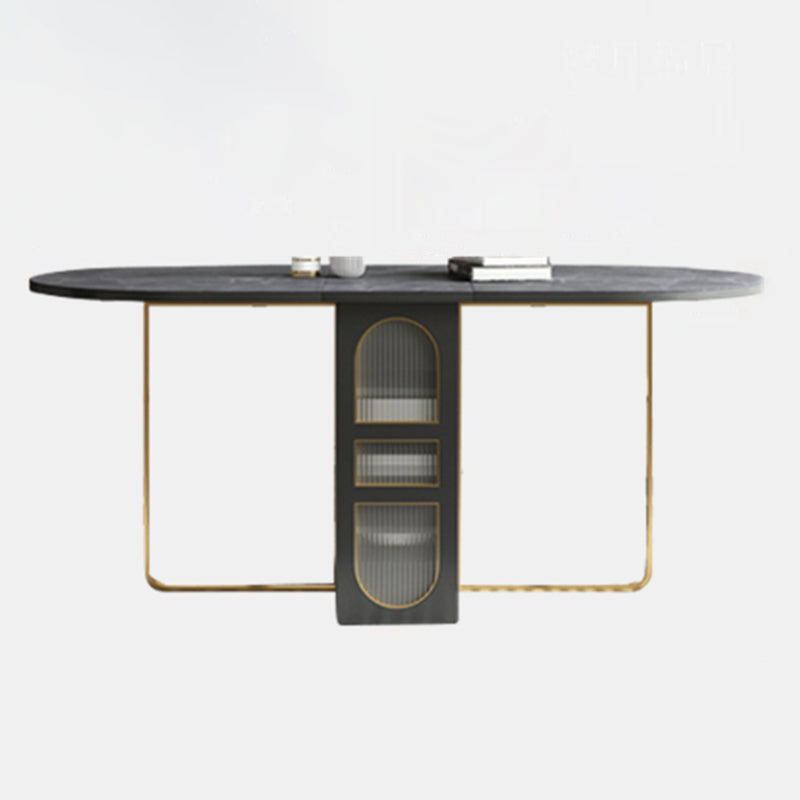 59-inch Oval Shape Casual Dining Table Two-Color Extendable Table with Sintered Stone