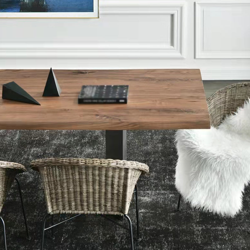Mesa de comedor rectangular de color madera, mesa de madera maciza de pino, lujo con pedestal doble