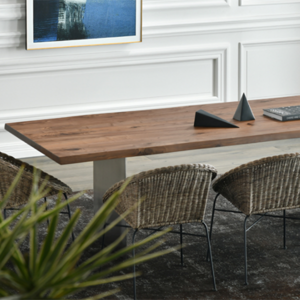 Mesa de comedor rectangular de color madera, mesa de madera maciza de pino, lujo con pedestal doble