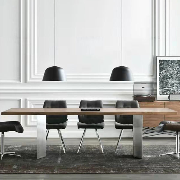 Mesa de comedor rectangular de color madera, mesa de madera maciza de pino, lujo con pedestal doble