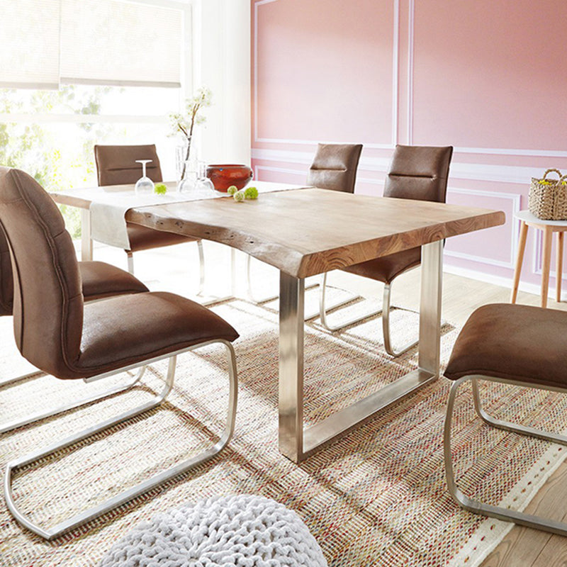 Mesa de madera maciza en tono marrón, mesa con base de trineo de lujo para comedor