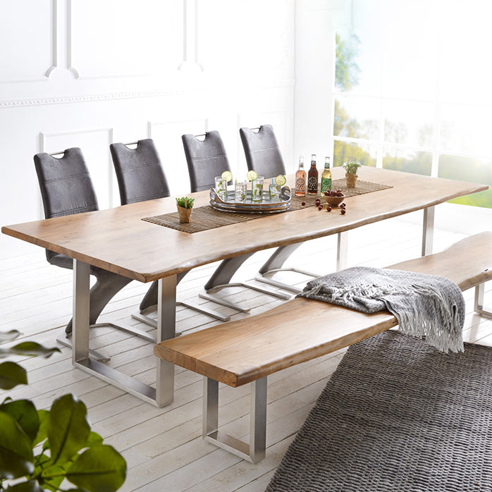 Mesa de madera maciza en tono marrón, mesa con base de trineo de lujo para comedor
