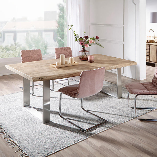 Mesa de madera maciza en tono marrón, mesa con base de trineo de lujo para comedor