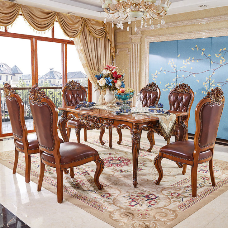 Mesa de comedor de estilo victoriano de rectángulo Tono marrón con mármol