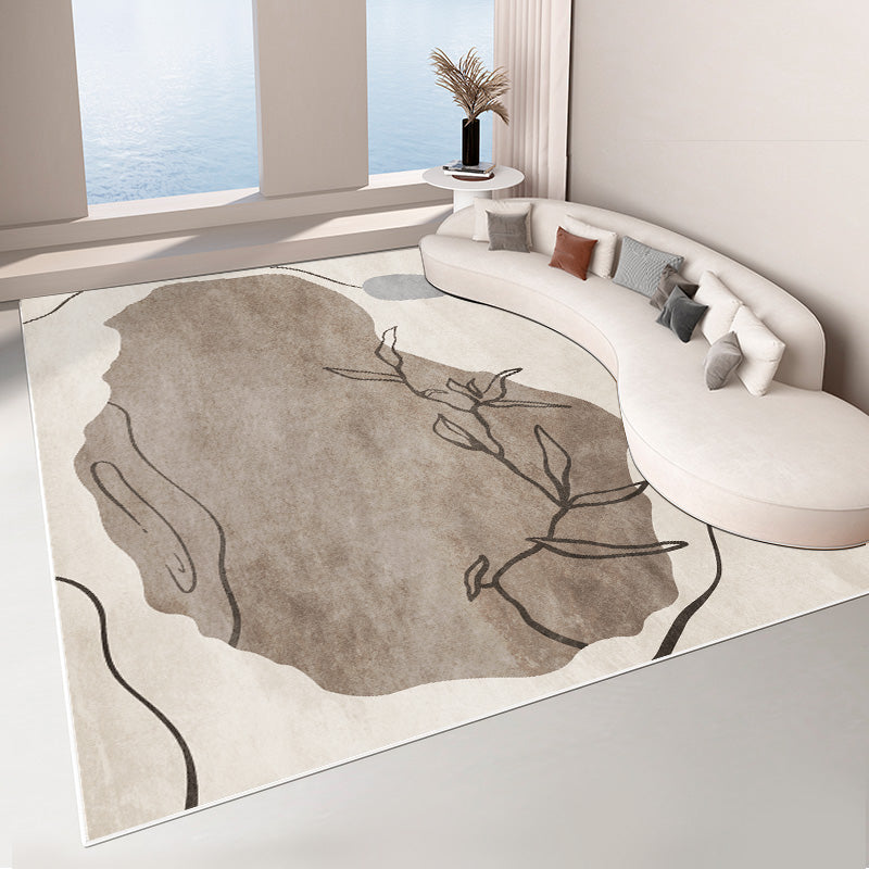 Beige Living Room Area Rug Color Block Polyester Area Carpet Non-Slip Backing Area Rug