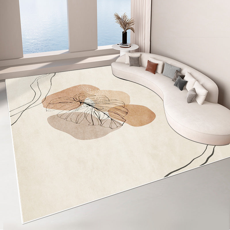Beige Living Room Area Rug Color Block Polyester Area Carpet Non-Slip Backing Area Rug