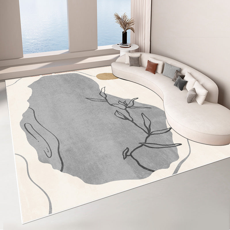 Beige Living Room Area Rug Color Block Polyester Area Carpet Non-Slip Backing Area Rug