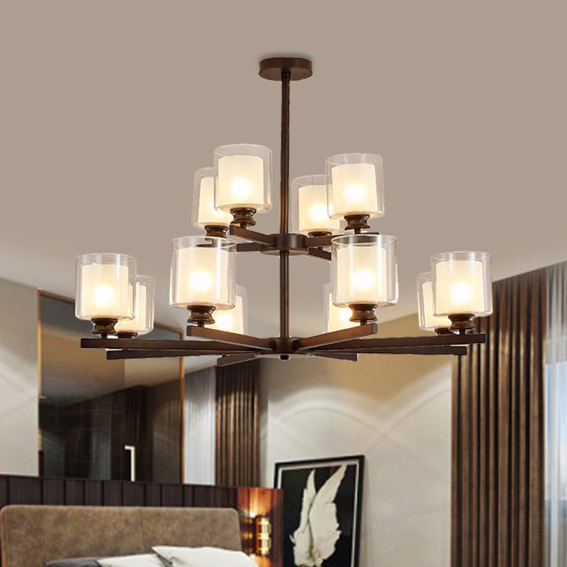 2-Tier-Zylinder weißer Glaskronleuchter mit radialem Design modernistischer 12 Lichter Schwarz/Gold/Splitter hängende Leuchte
