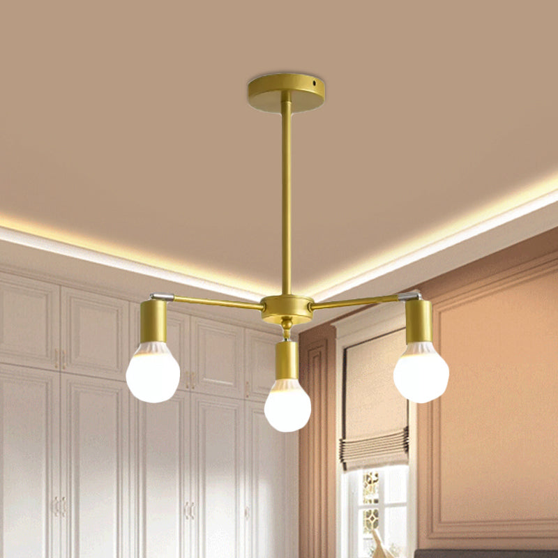 Moderne radiale metalen kroonluchter 3/4/6 lichten hangend plafondlicht in goud voor slaapkamer met kale lamp