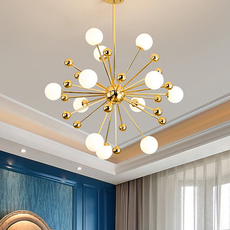 Designer Starburst Metal Chandelier Multi Lights Gold Ceiling Pendant Lamp with White Glass Ball Shade, 23.5"/31.5"/39" Wide