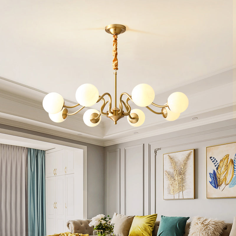 American Style Chandelier White Glass Multi Light Hanging Light with Brass for Bedroom
