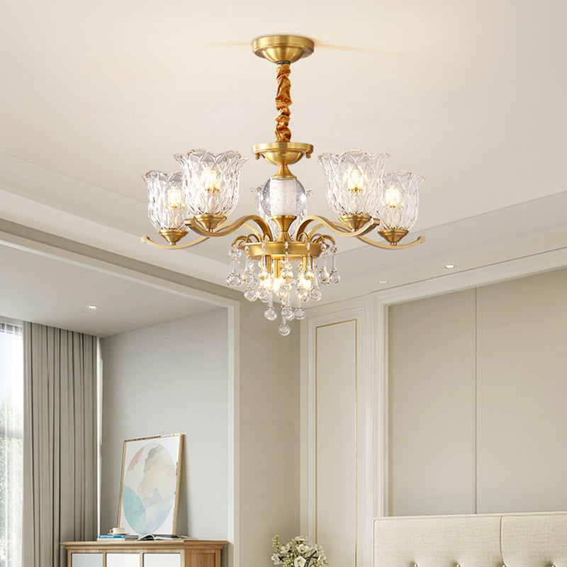 European Style Chandelier Brass Flower Shape Hanging Light with Crystal for Bedroom