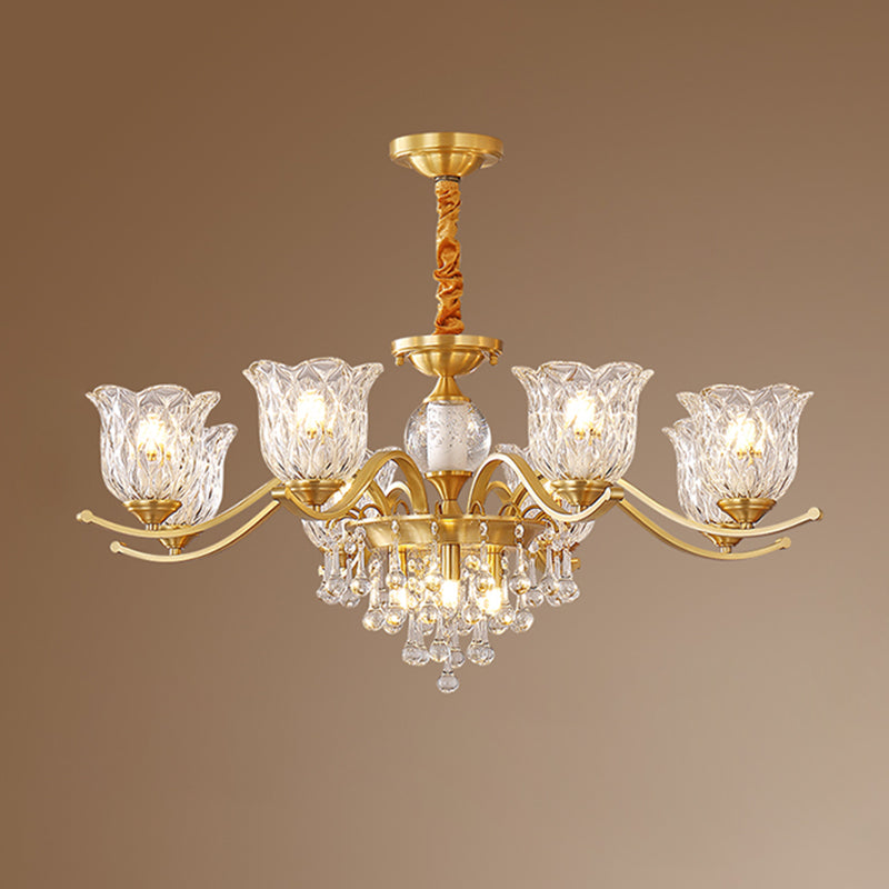 European Style Chandelier Brass Flower Shape Hanging Light with Crystal for Bedroom