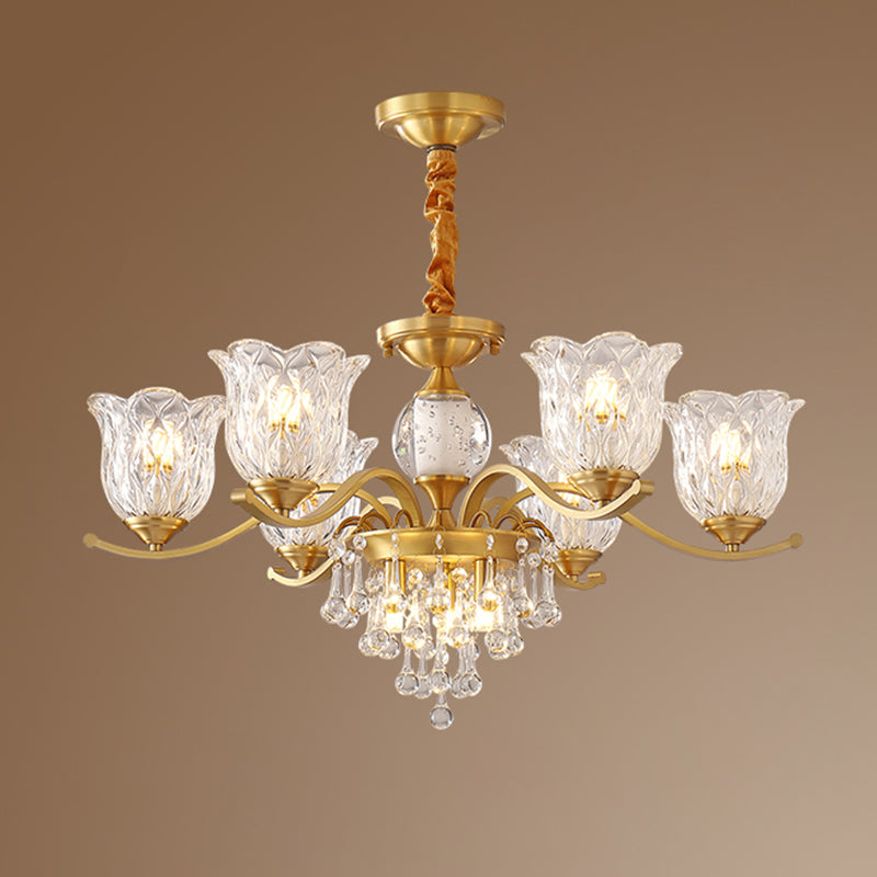European Style Chandelier Brass Flower Shape Hanging Light with Crystal for Bedroom