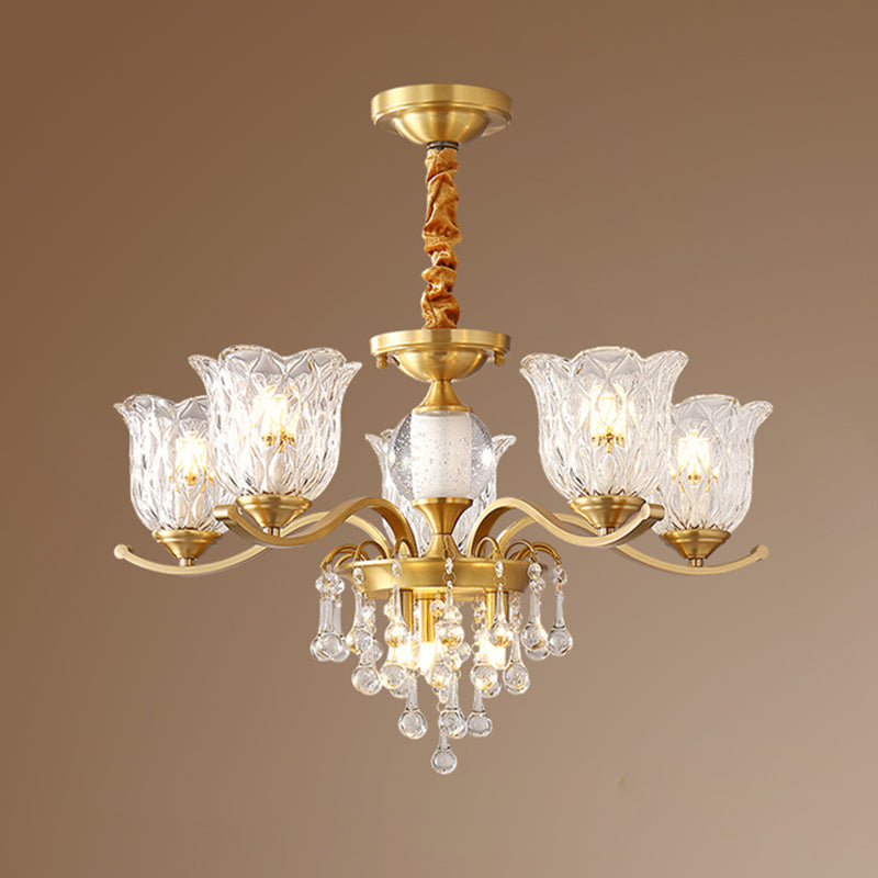 European Style Chandelier Brass Flower Shape Hanging Light with Crystal for Bedroom