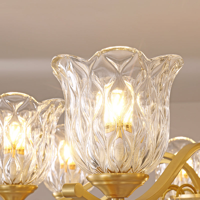 European Style Chandelier Brass Flower Shape Hanging Light with Crystal for Bedroom