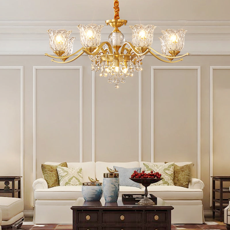 European Style Chandelier Brass Flower Shape Hanging Light with Crystal for Bedroom