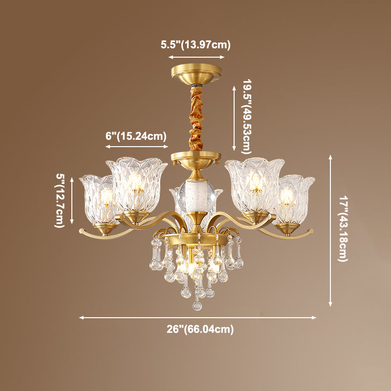 European Style Chandelier Brass Flower Shape Hanging Light with Crystal for Bedroom