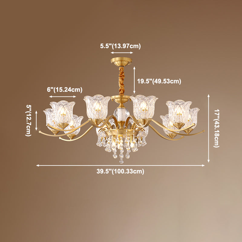 European Style Chandelier Brass Flower Shape Hanging Light with Crystal for Bedroom