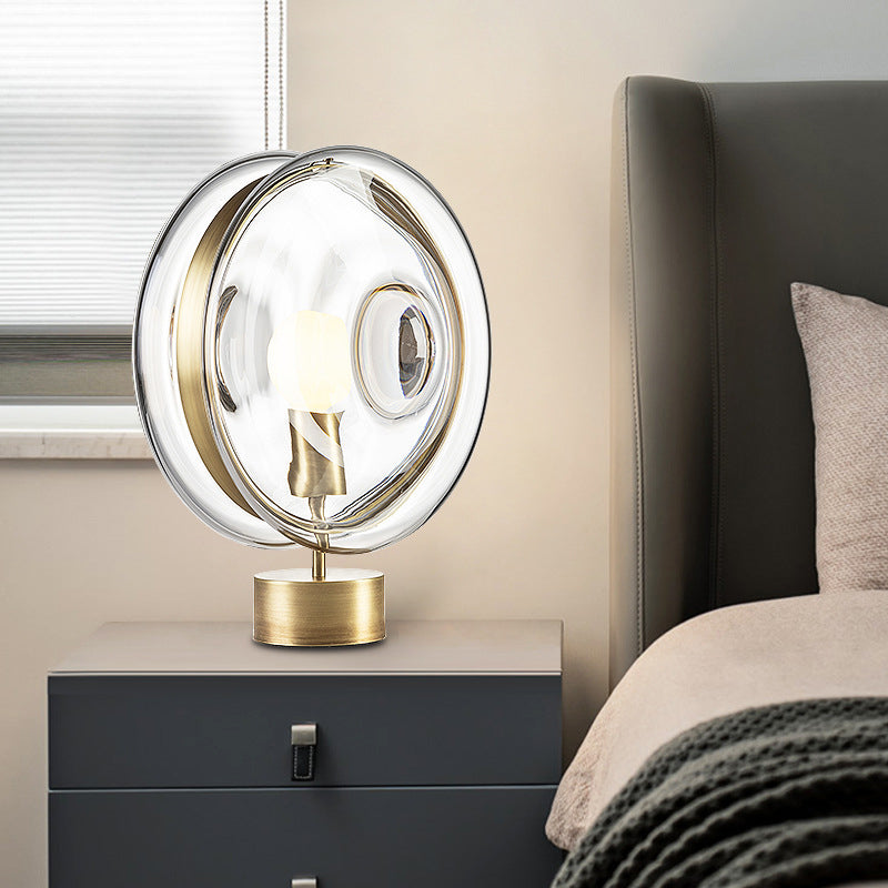 Metal Round Nightstand Lighting Minimalism 1-Bulb Gold Night Lamp with Clear Glass Shade