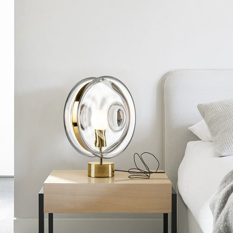 Metal Round Nightstand Lighting Minimalism 1-Bulb Gold Night Lamp with Clear Glass Shade