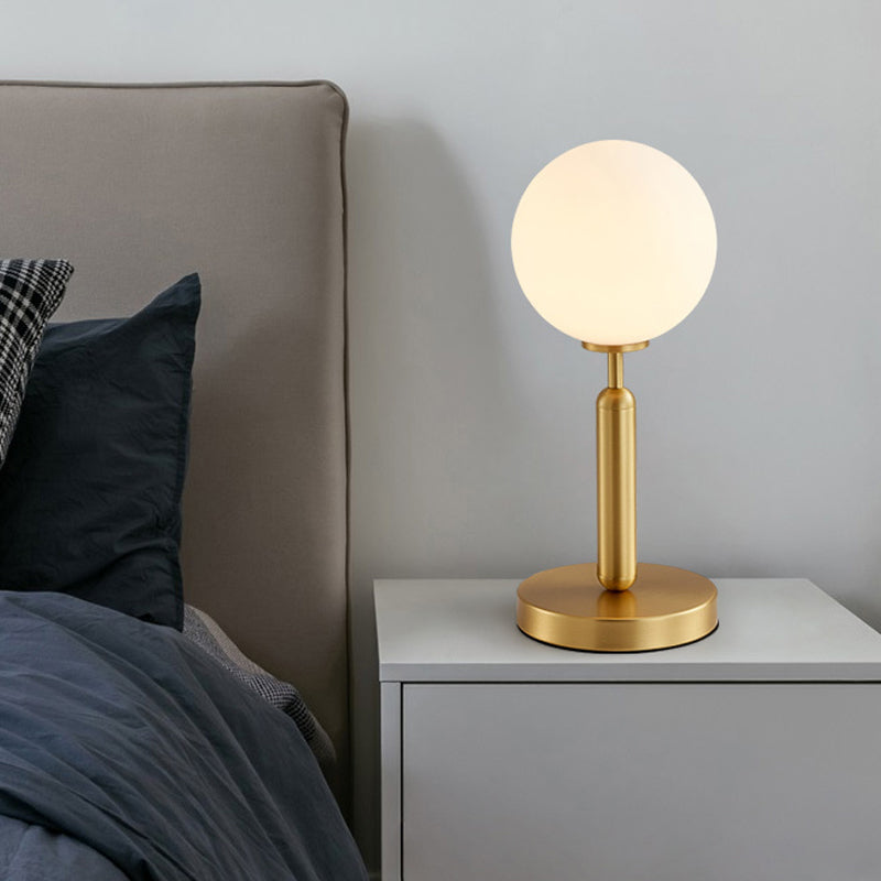 Modern 1-Head Table Lighting Brass Ball Metal Night Lamp with Frosted White Glass Shade