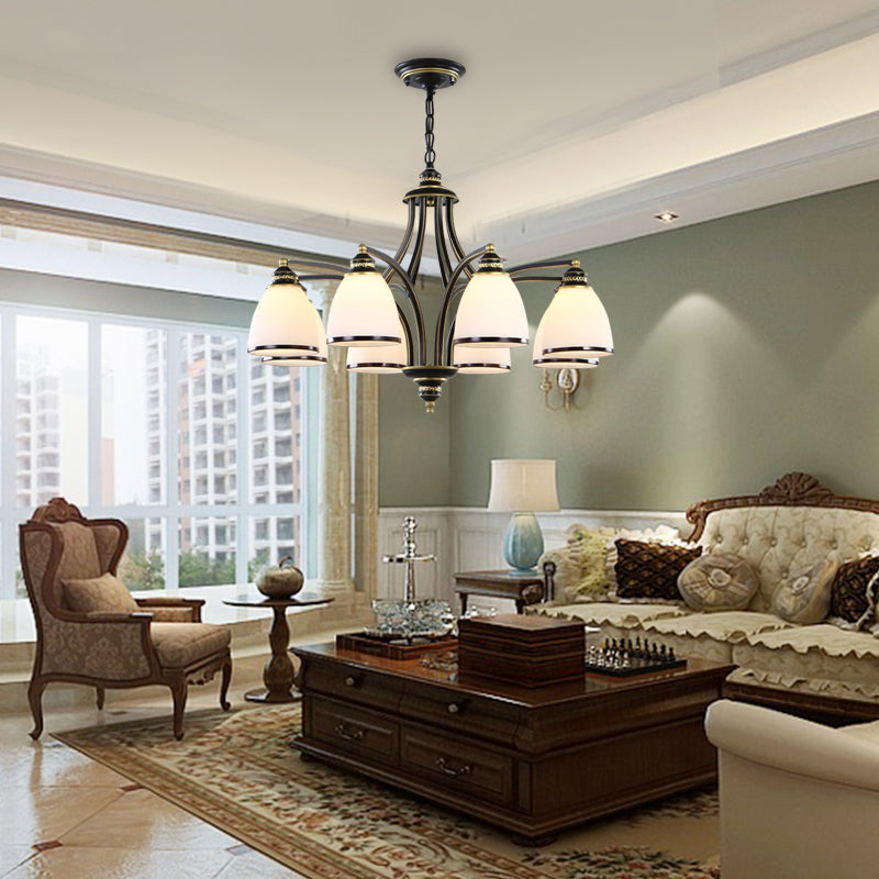 American Metal Chandelier Branch Black Pendant Lamps with White Glass for Living Room