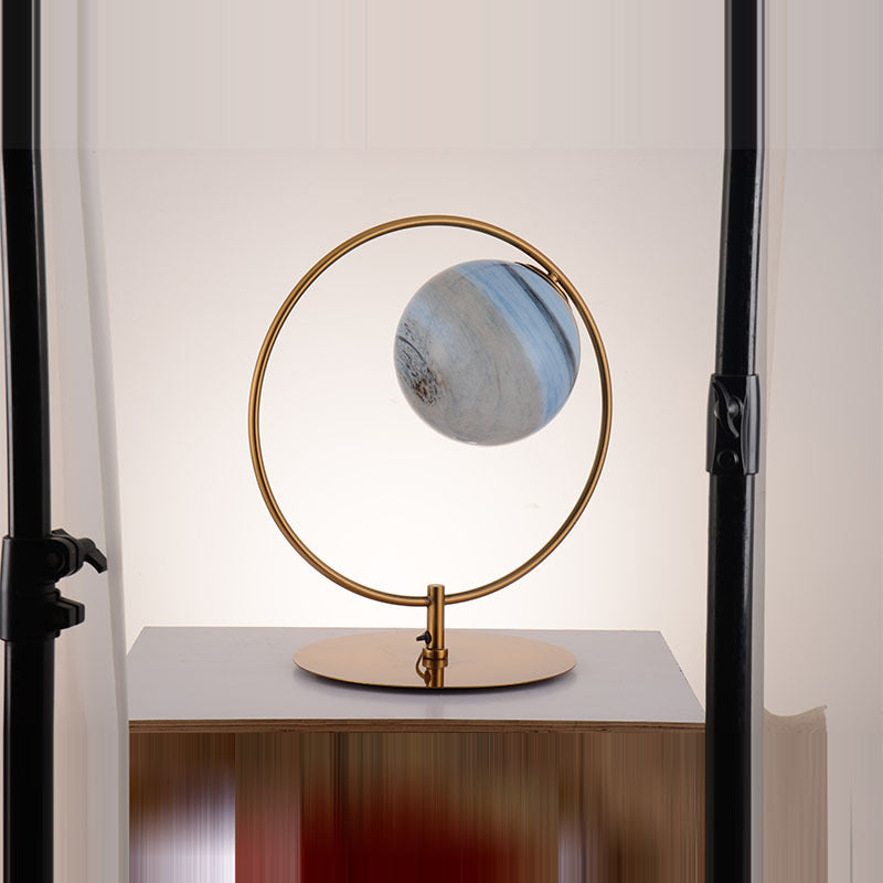 1-Light Bedroom Table Light Post-Modern Gold LED Metal Nightstand Lamp with Circular Frosted Glass Shade