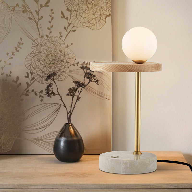 Lampada da comodino a sfera in legno, lampada da comodino asiatica a 1 luce in vetro opale per soggiorno