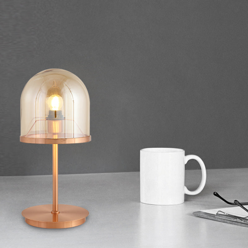 1-Head Restaurant Night Lamp Modernism Rose Gold Metal Table Lighting with Dome Amber Glass Shade