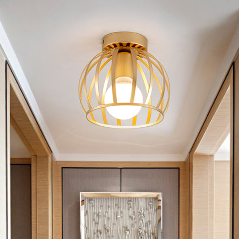 Black/Gold Metal Cage Ceiling Mounted Light Minimalism 1 Light Flushmount Lighting for Corridor