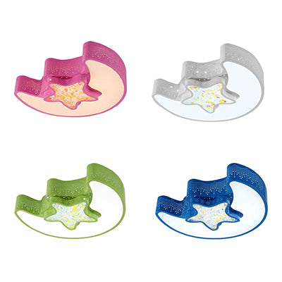 18"/21.5" Star and Moon Flush Mount Lamp Macaron Metal LED Ceiling Lamp in White/Pink/Blue/Green for Kindergarten, Third Gear/White Light