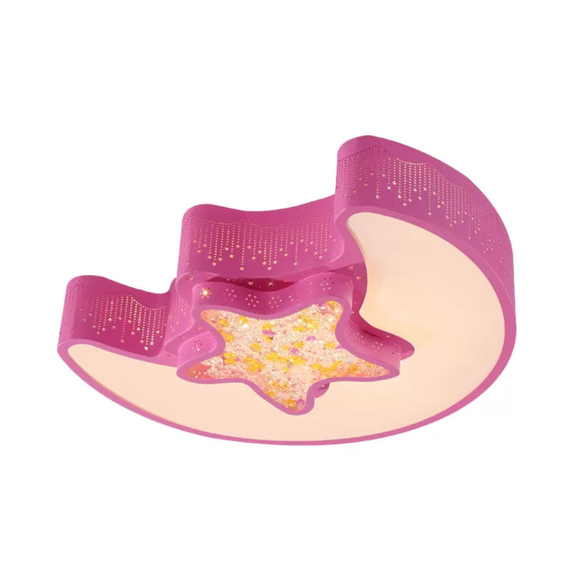 18"/21.5" Star and Moon Flush Mount Lamp Macaron Metal LED Ceiling Lamp in White/Pink/Blue/Green for Kindergarten, Third Gear/White Light